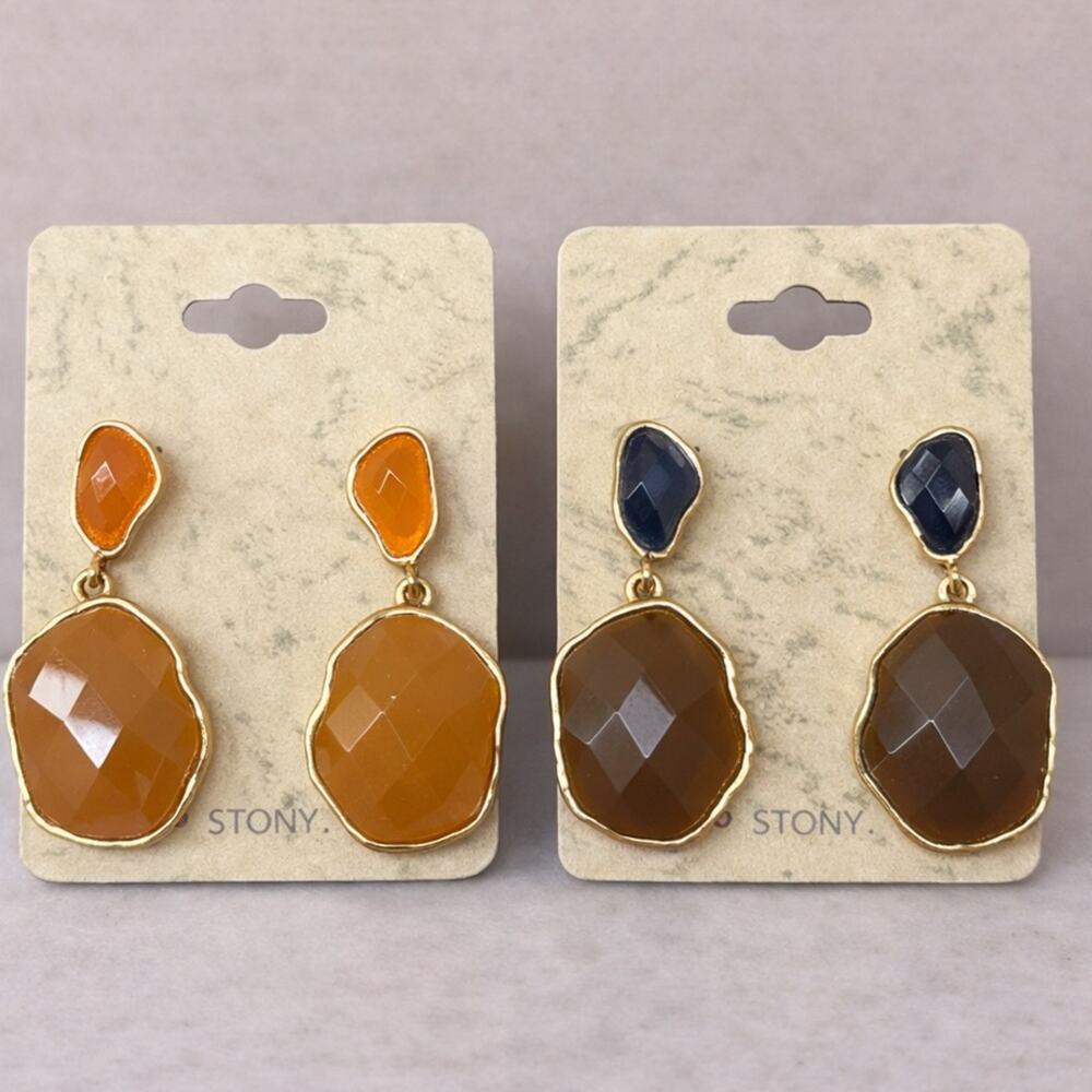 Stony Faceted Drop Earrings Set of‎ 2 Gold Tone Neutral